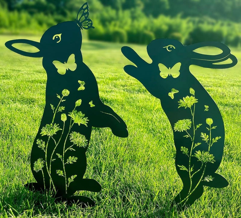 Doesen Metal Bunny Garden Decor, 17" Rabbit Yard Decor, Metal Yard Art Animals Garden Stakes Rabbit Silhouette, Rabbits Yard Decorations Outdoor, Bunny Garden Art for Flowerbeds Planters Patios Lawn - Image 1
